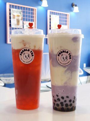 Strawberries & Cream on the left, and Taro & Cream on the right.