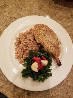 Hubby did the plating - herb crusted pork chop / farro w/pecorino & mushrooms / kale Caesar - all delicious