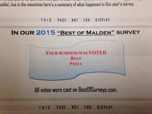 We at Vinnie's would like to Thank all the Residents who took the time to vote in the Best of Malden Survey for 2015.