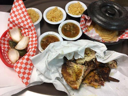 Whole bird meal includes charro beans for 2, 2 rice portions, 8 corn tortillas, grilled onions and jalapeños.