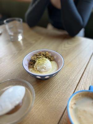 Lemon curd with gelato and candied pistachio