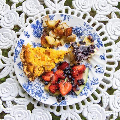 One of our quiches and fresh fruit for breakfast at the Harbour Towne Inn in lovely Boothbay Harbor!