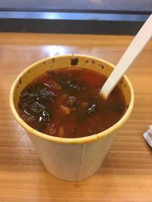 This soup is red beans, roasted tomato, bell peppers, kale and garlic.  Its yummy