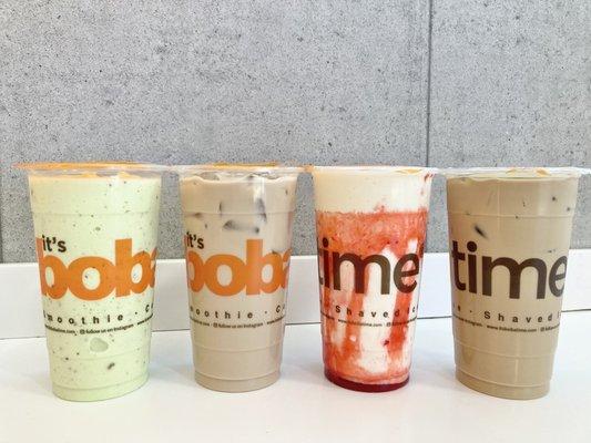 Pistachio Frappe, earl grey, coconut strawberry, and boba coffee.