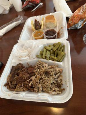 Pork and brisket with green beans.