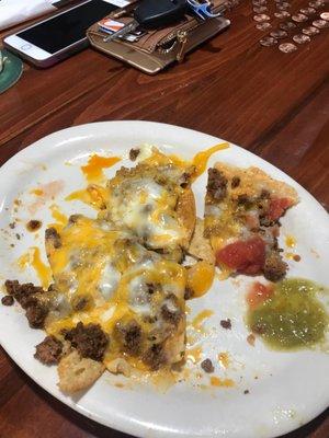 Beef nachos! Warning the green salsa is HOT!!!