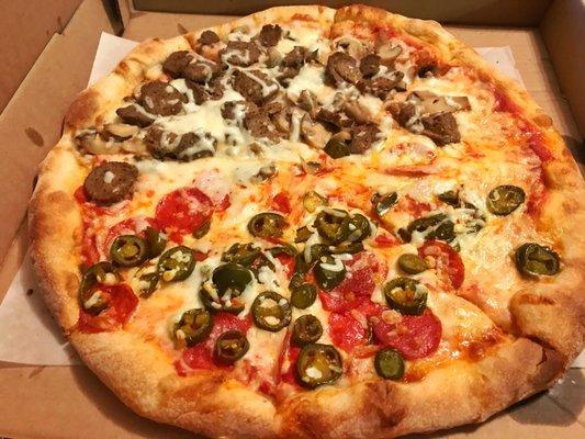 Large two topping - half meatballs and mushrooms and half pepperoni and jalapeños