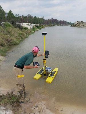 Hydrone portable remote control Survey Boat.  This remote controlled catamaran was developed for bathymetric survey applications.