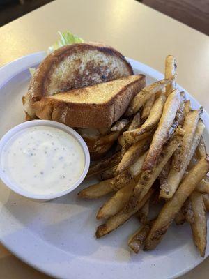 Flaming Hen sandwich with fries and extra ranch dressing