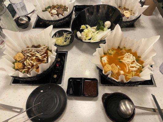 Sukiyaki (left) and Miso (right) hot pot with ramen noodles