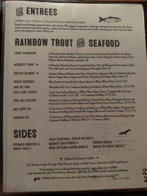 Entrees, trout, and seafood