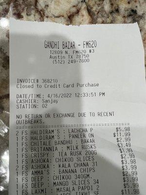 Receipt showing can't return.