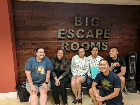 We, Team Bad Math, successfully solved Big Escape Rooms' most difficult room, Outbreak, in 58:12 (1:48 left on the clock) on 4/27/2017.