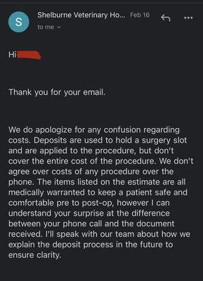 An email from Shelburne Vet Hospital responding to me. They claim that they never agreed to the costs over the phone.