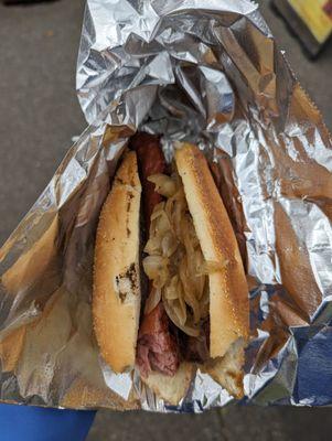 Mild Reindeer Sausage with grilled onions, $7.50