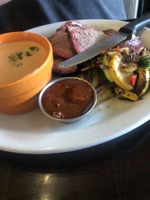 Tri tip platter with lobster bisque and veggies