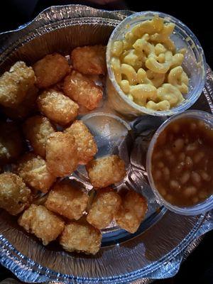 Tater tots, mac and cheese, and beans.