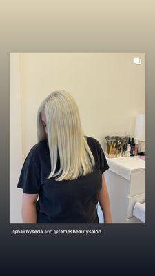 Icy blond color , cut , blow dry