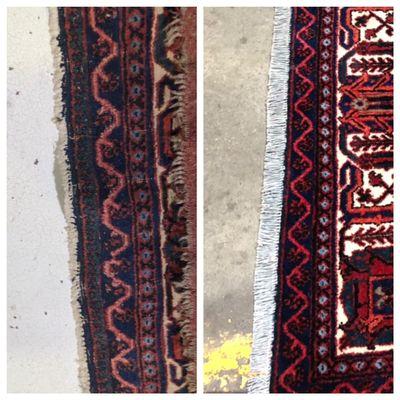 Before and after of rug washed and repaired to bring out some fringe and overcasted.