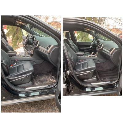 Before and after interior detail with dog hair removal on a  Jeep Grand Cherokee