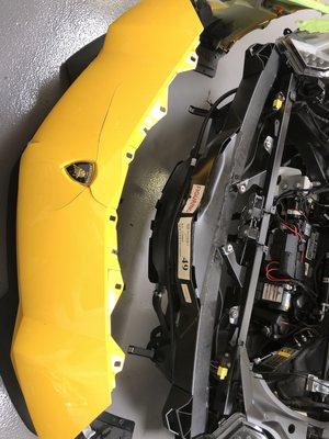 Lamborghini in collision repair process, serviced at Master Auto Craft