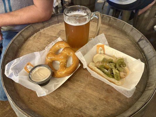 Boondoggle Beers' "Festbier" with a Bavarian Pretzel and Bratwurst Sandwich.