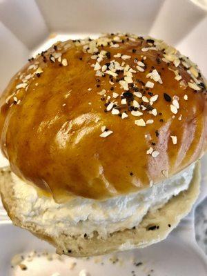 Everything bagel soft pretzel bun with extra cream cheese!