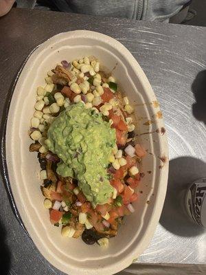 Chicken Burrito Bowl, skimpy guacamole portion.