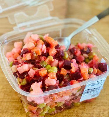 Yummy beet, potato, pea, pickle salad (fresh made in the cooler) yum yum yum...