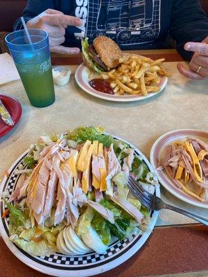 Chef salad and mega bacon cheeseburger