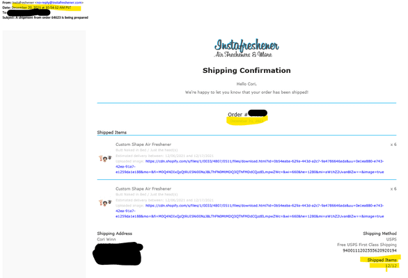 copy of email showing false shipping date