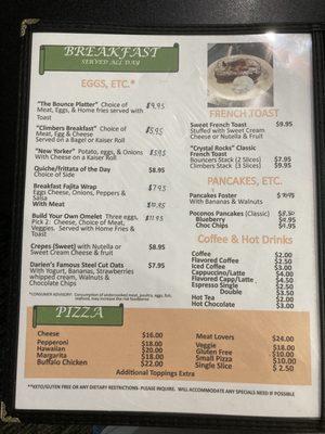 Breakfast and pizza menu