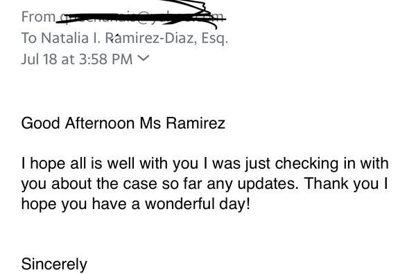 1st email from me to Attorney Natalia Ramirez Diaz on July 18th after several failed phone call attempts