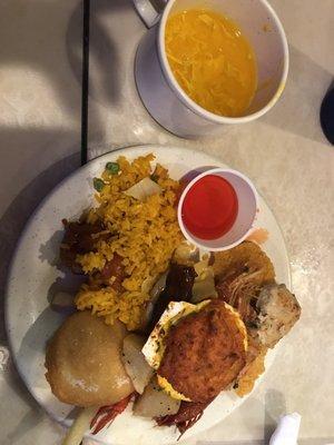 Random foods, egg drop soup. Soup didn't have much flavor. That fried donut was pretty tasty.