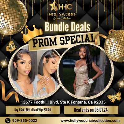 Prom season sale.  Buy 3 and get 1 50% off (50% off is taken off the 3rd bundle).  Also, all in-store wigs are $75 off