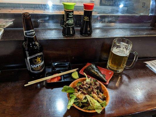 Eel and Spicy Tuna Hand Roll and Salmon Skin Salad