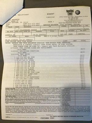 Here is the work order for Gunther redoing my fuel system but they claim first they did not but yet they claim it's a year ago.