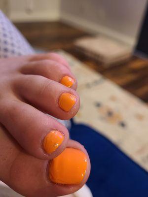 The "fix" after my first visit..super sloppily applied top coat. This shouldn't be the end result of a $55 pedicure