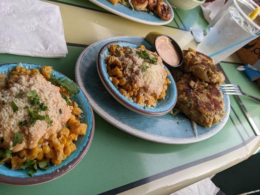 Crab cakes and Mexican street corn