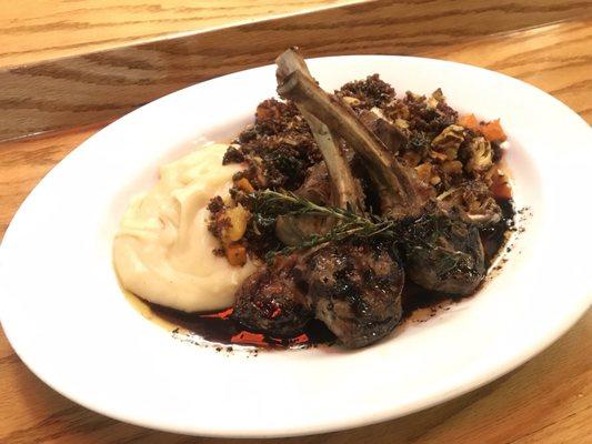 Lamb chops with balsamic sauce. Onside of grain salad and mash potatoes