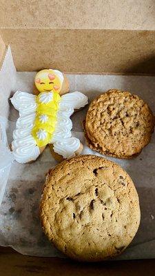 Gingerbread man, Giant chocolate cookie sandwich, and an oatmeal cream cookie.