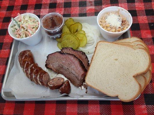 Jalapeno cheddar sausage, brisket, elote, coleslaw