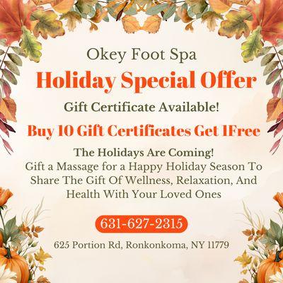 Holiday Special Offer
Gift Certificate Available!
Buy 10 Gift Certificates Get 1Free