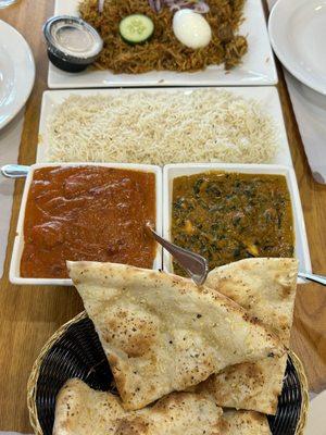 garlic naan, chicken tikka masala, saag paneer, basmati rice, lamb biryani