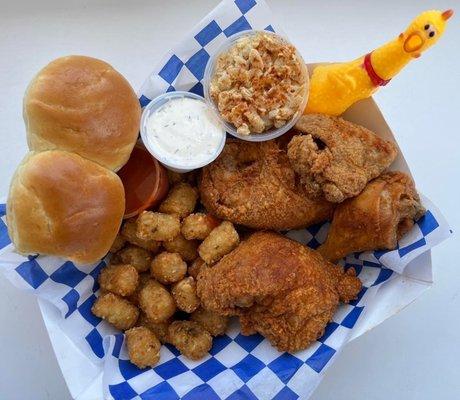 Dinner includes macaroni salad and tots or chips.