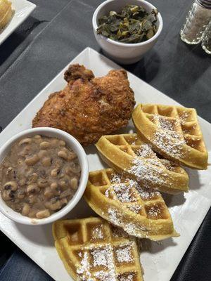 Chicken and waffles (chicken breast) blackeyed peas and collard greens.