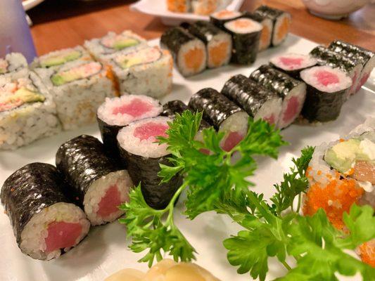 Plate of assorted sushi rolls