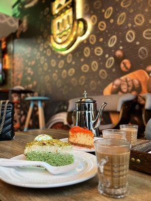 Pistachio cake, knafeh cheesecake, Adeni tea