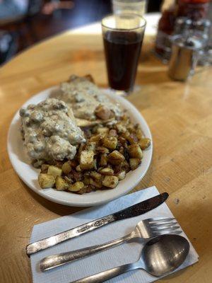 Peppery sausage biscuits & gravy- gravy skillfully created to avoid consistency of paste