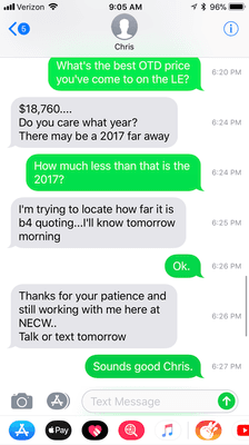 1of2: Friday conversation with Chris Sr. Tells me his best price OTD on a Pioneer 1000-5 LE but tells me to wait.  he will call or text Sat.